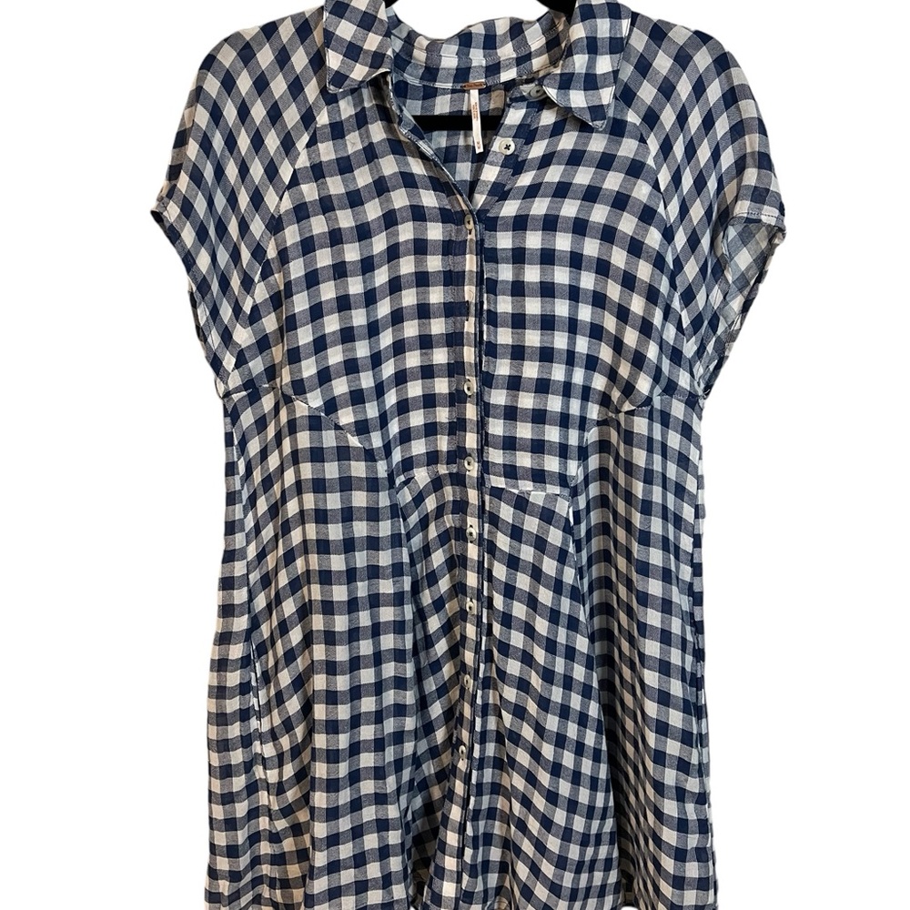 Free People Navy and White Gingham Button-Front Tunic